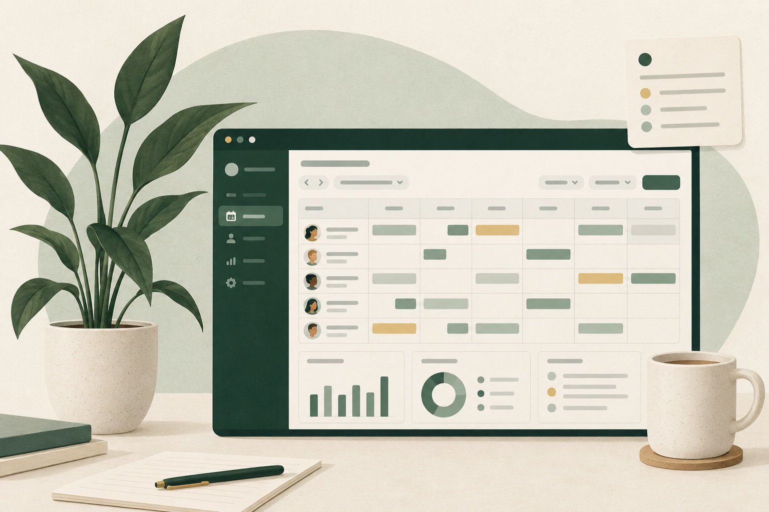 Illustrated employee scheduling dashboard with weekly shifts