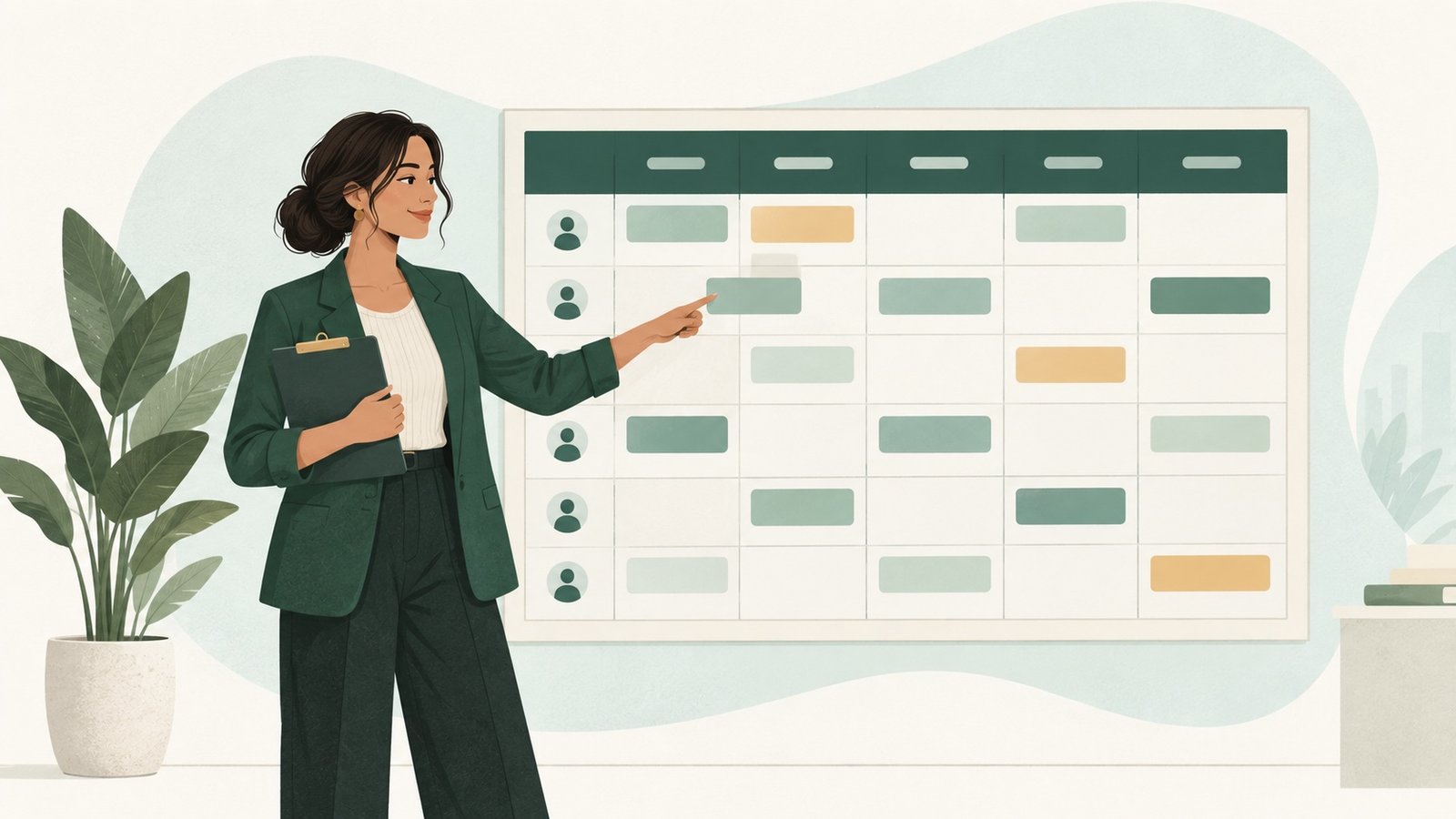 Illustration of a manager reviewing a weekly employee schedule