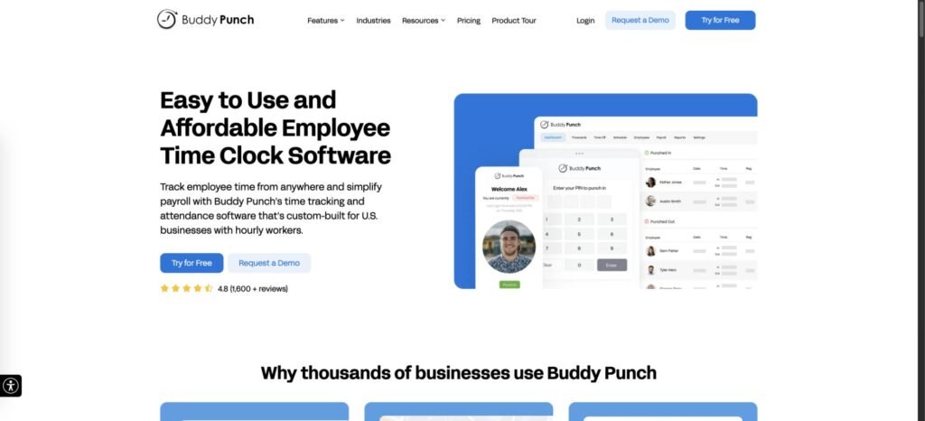 Buddy Punch homepage showing employee time clock and scheduling interfaces.