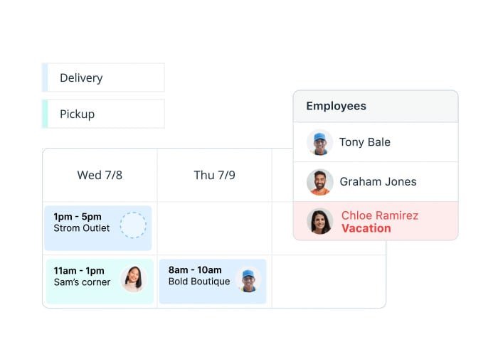 Vendor-produced Connecteam scheduling illustration showing employees, assigned shifts, and a vacation conflict