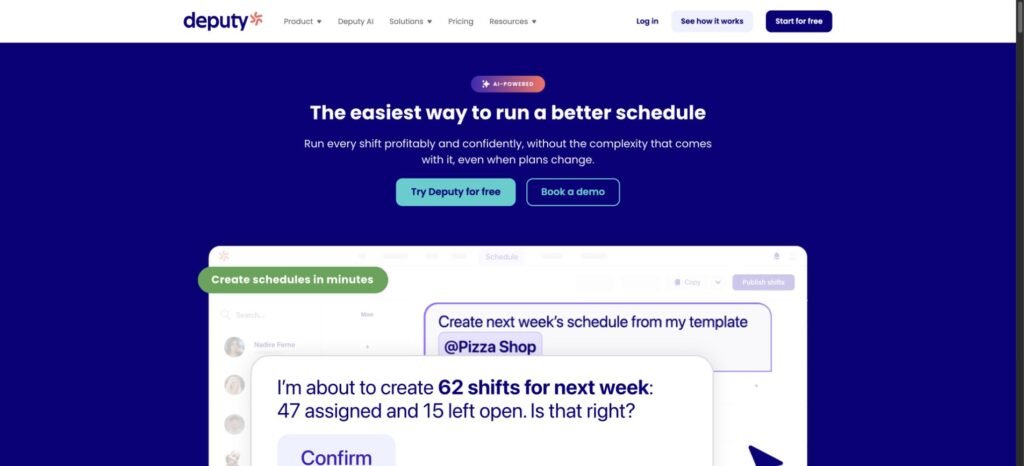 Deputy scheduling software page showing AI-assisted employee schedule management.