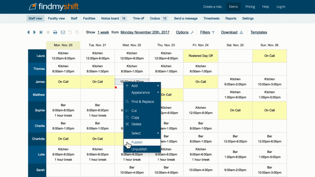 Official Findmyshift help screenshot showing shift publishing