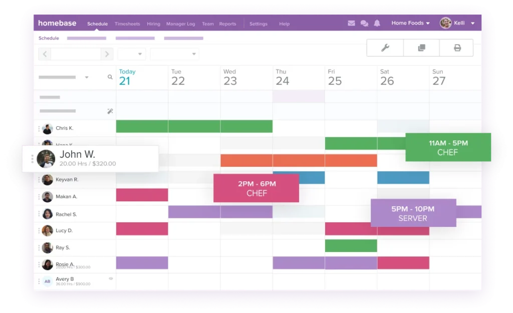 Official Homebase illustration showing a color-coded weekly employee shift schedule