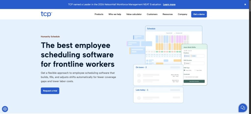 Humanity Schedule page showing employee scheduling and auto-build shift tools.