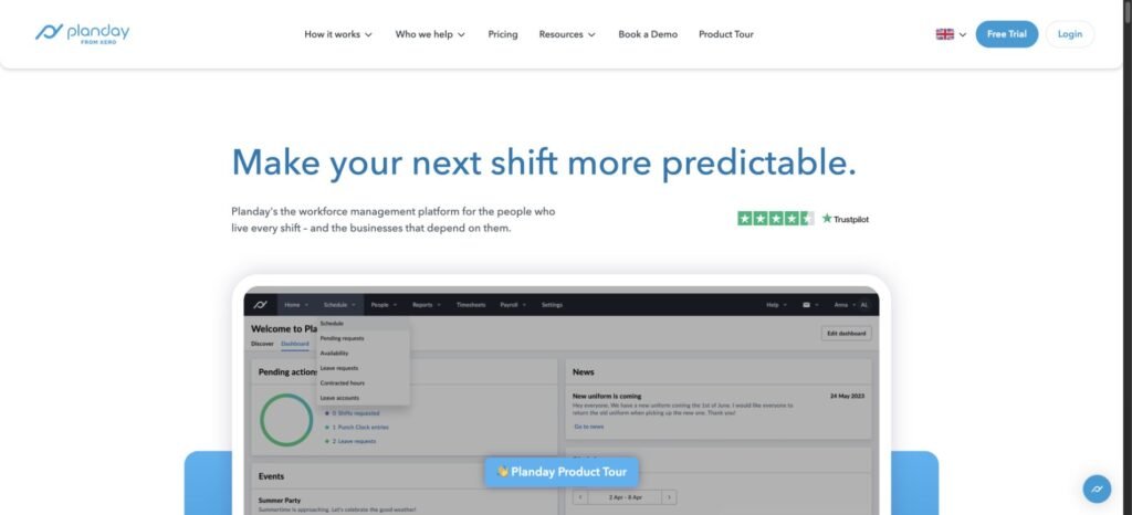 Planday homepage showing its workforce management dashboard.