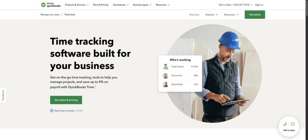 QuickBooks Time page showing workforce time tracking and who-is-working views.