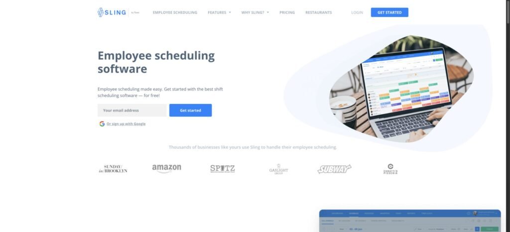 Sling employee scheduling page showing the scheduling dashboard on a laptop.