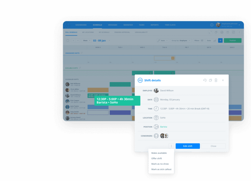 Vendor-produced Sling week schedule with an employee shift details panel and shift-offer menu