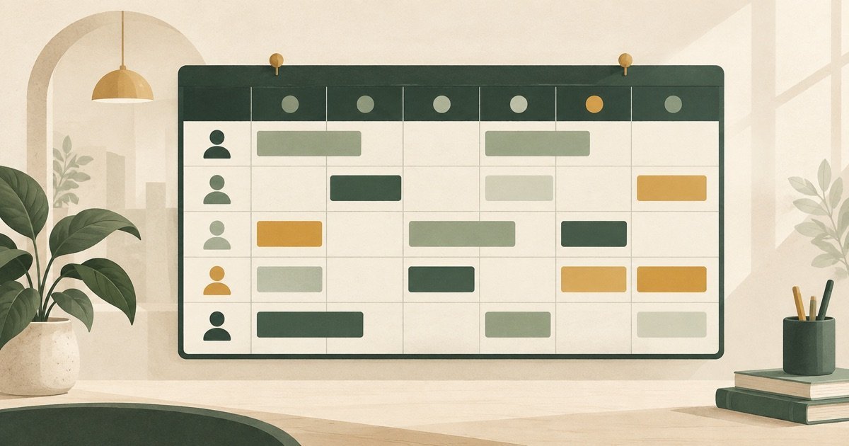 Editorial illustration of an employee scheduling board